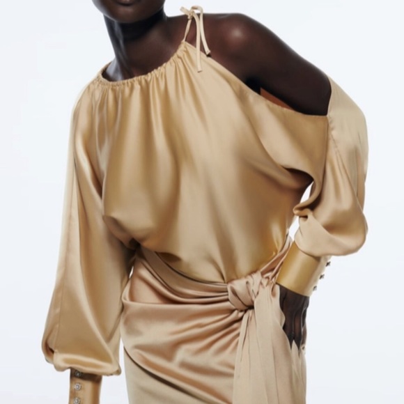 Zara gold satin effect asymmetric blouse, small - Picture 1 of 6